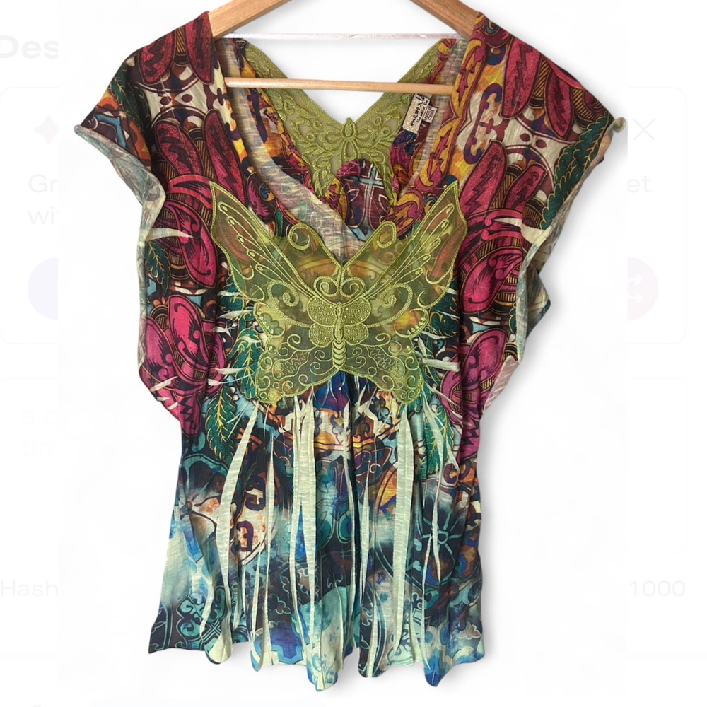 One World Y2K Multi Colored Abstract Butterfly V-Neck Top Size S